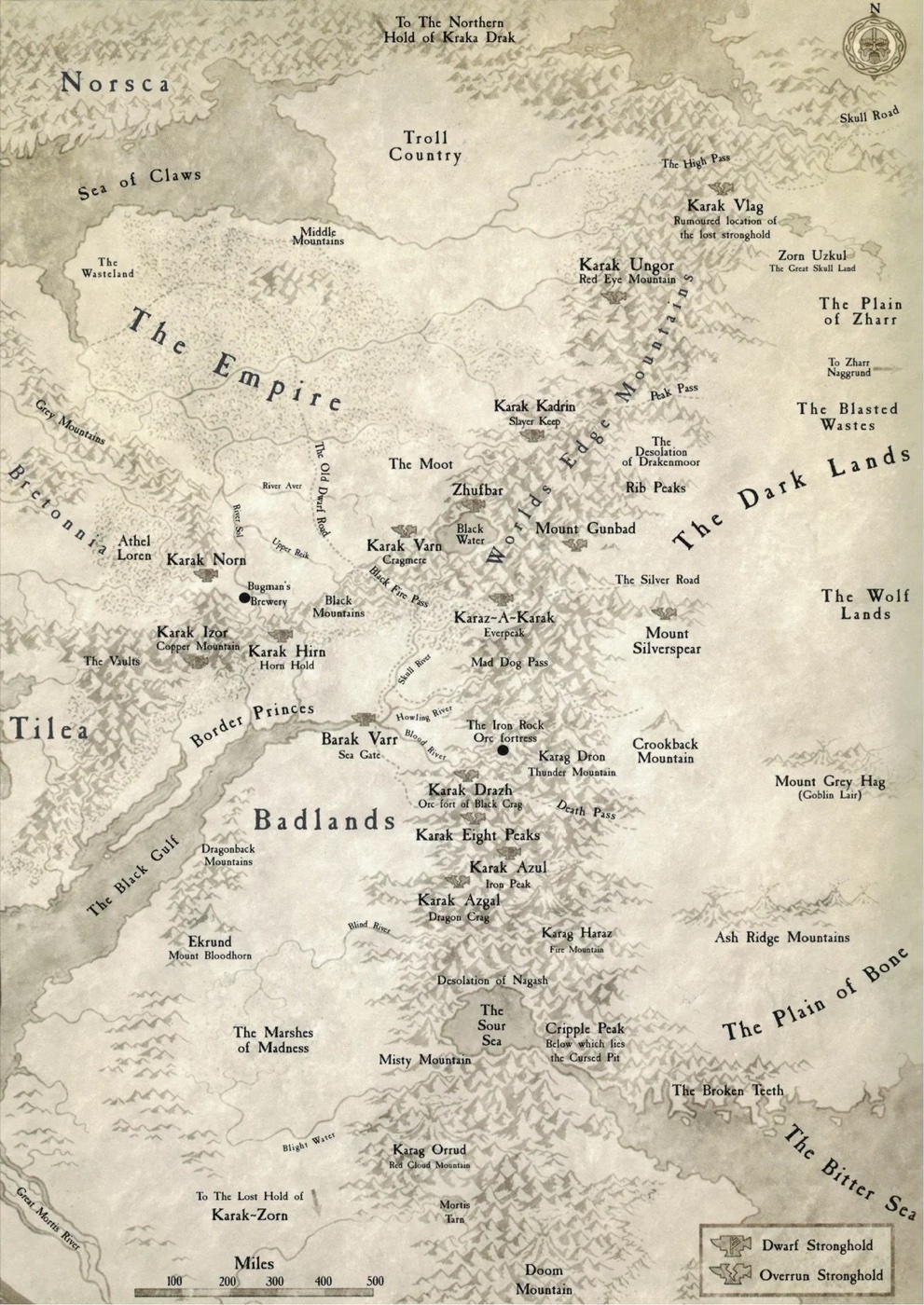 Il Karaz Ankor ai giorni nostri (c. 2520 CI) — di tutti i Karak antichi, solo pochi restano in mano ai nani: Karak Hirn nelle Montagne Nere, Karak Norn a settentrione, sopravvissuti dove molti altri sono caduti agli skaven o ai pellverde